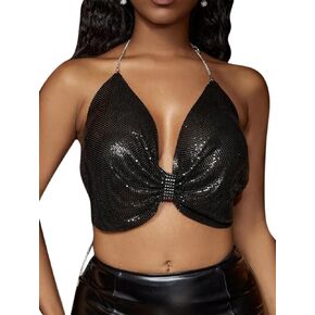RARITYUS Women Sexy Shiny Rhinestone Tank Top Deep V Neck Chain Crop Top Shirt for Night Club Party Rave Outfit