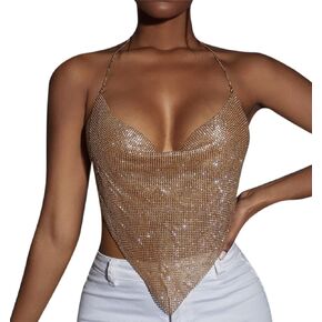 RARITYUS Women Sexy Shiny Rhinestone Tank Top Deep V Neck Chain Crop Top Shirt for Night Club Party Rave Outfit in Kuwait