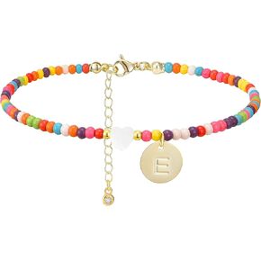 Wremily Initial Anklets for Women Handmade Beaded Ankle Bracelets 14K Gold Letter Initial Heart Anklet Boho Colorful Beads Ankle Bracelets Summer Beach Foot Jewelry Gift