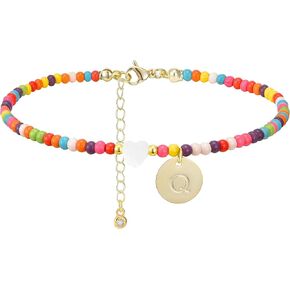 Wremily Initial Anklets for Women Handmade Beaded Ankle Bracelets 14K Gold Letter Initial Heart Anklet Boho Colorful Beads Ankle Bracelets Summer Beach Foot Jewelry Gift
