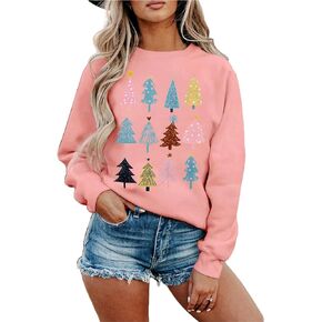 BOUTIKOME سويت شيرت شجرة عيد الميلاد للنساء مضحك شجرة عيد الميلاد الرسم طويل الأكمام Crewneck البلوز قميص المتضخم