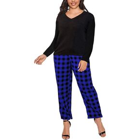 Women Plus Size Pajamas Set Plaid Lounge Pants V-Neck Short Sleeve Cotton T Shirt 2 Piece Sleepwear