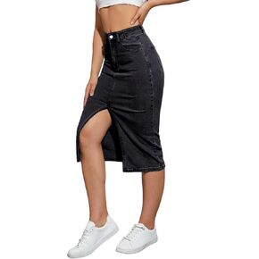 Womens Denim Pencil Skirts Mid Long High Waist A line Midi Jean Skirt Split Hem Skirts for Ladies. in Kuwait