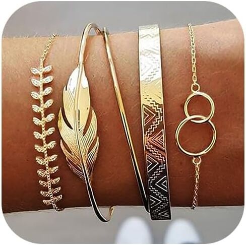 سكيهتال مجموعة اساور كلاسيكية ذهبية الطبقات دائرية قابلة للتكديس مفتوحة على شكل ورقة شجر مجوهرات للنساء والفتيات (5 قطع), معدن in Kuwait