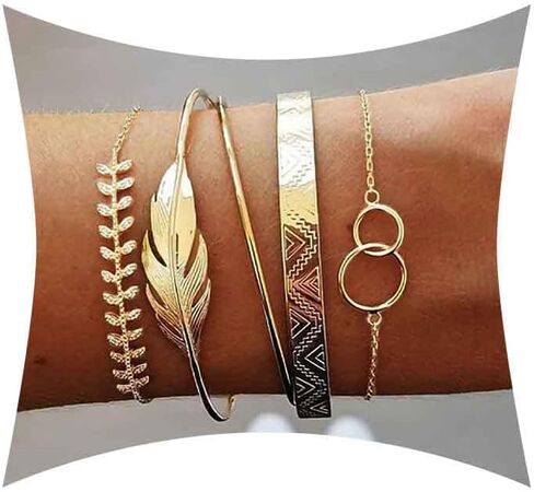 سكيهتال مجموعة اساور كلاسيكية ذهبية الطبقات دائرية قابلة للتكديس مفتوحة على شكل ورقة شجر مجوهرات للنساء والفتيات (5 قطع), معدن in Kuwait