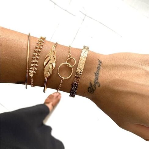 سكيهتال مجموعة اساور كلاسيكية ذهبية الطبقات دائرية قابلة للتكديس مفتوحة على شكل ورقة شجر مجوهرات للنساء والفتيات (5 قطع), معدن in Kuwait