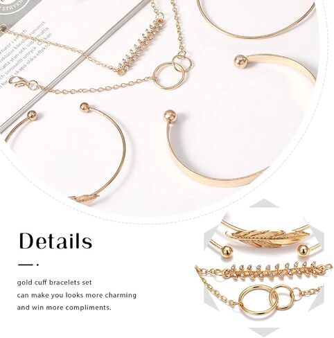 سكيهتال مجموعة اساور كلاسيكية ذهبية الطبقات دائرية قابلة للتكديس مفتوحة على شكل ورقة شجر مجوهرات للنساء والفتيات (5 قطع), معدن in Kuwait