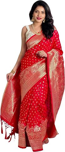 ساري هندي تقليدي للنساء من كنيتلي، ساري هندي تقليدي بزاري بيور زاري مع بلوزة غير مخيطة من كنتلي، احمر، مجاني in Kuwait