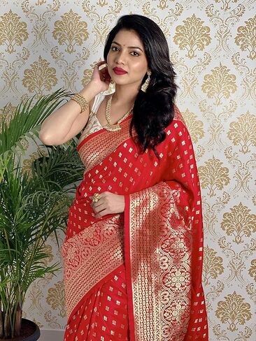 ساري هندي تقليدي للنساء من كنيتلي، ساري هندي تقليدي بزاري بيور زاري مع بلوزة غير مخيطة من كنتلي، احمر، مجاني in Kuwait