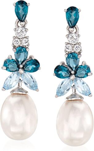 لؤلؤة روس سيمونز 8.5-9 ملم و2.30 قيراط. t.w. أقراط متدلية من التوباز الأزرق والأبيض من الفضة الاسترليني in Kuwait