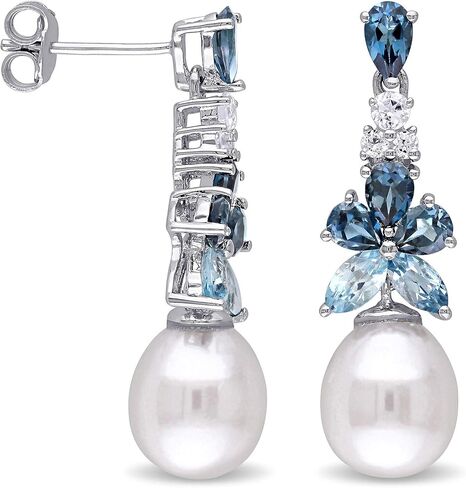 لؤلؤة روس سيمونز 8.5-9 ملم و2.30 قيراط. t.w. أقراط متدلية من التوباز الأزرق والأبيض من الفضة الاسترليني in Kuwait