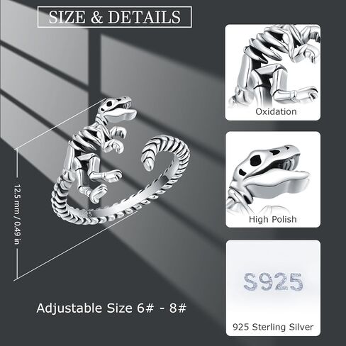 JZSANTI 925-Sterling-Silver Dinosaur Skeleton Rings for Women - Cute animal rings Adjustable Open Dinosaur Skull Vintage Thumb Statement Rings Jewelry Gifts for Women Girls Men in Kuwait