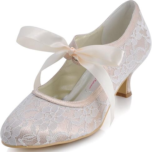 ELEGANTPARK Wedding Shoes for Bride, Closed Toe Lace Mary Jane Heels | Adjustable Ribbon Tie, 2 Inch Low Heel Pumps for Wedding Guest, Bridesmaid, Bridal Reception, Evening and Formal Event in Kuwait