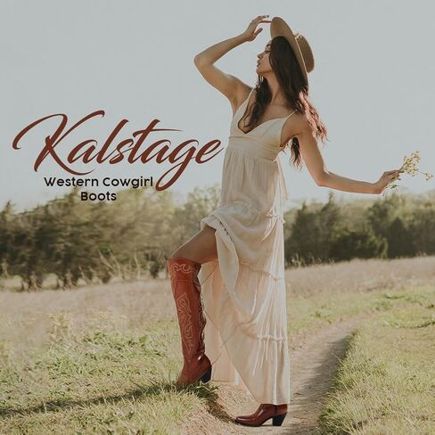 Kalstage راعية البقر أحذية للنساء قص تو التطريز الأحذية الغربية خمر الفلين كعب الجانب سستة كاوبوي حذاء برقبة للركبة in Kuwait