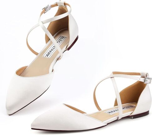 ELEGANTPARK FC2322 Comfortable Satin Pointed Toe Flats for Women Ankle Straps Wedding Flats for Bride Shoes Evening Party Guest Shoes for Women Dressy Low Heel in Saudi Arabia