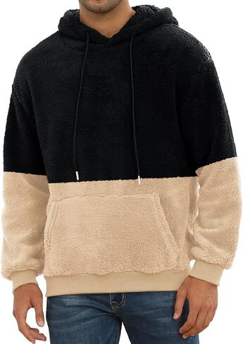 PEGENO Mens Fuzzy Sherpa Hoodie Pullover Sweatshirts Loose Cozy Pocket Long Sleeve Winter Hooded Outwear in Kuwait