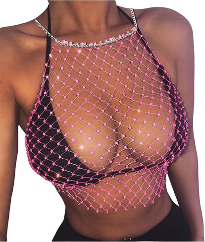 Women See Through Mesh Diamond Tank Tops Hollow Out Beach Cover up Crop Tops for Rave Festival Clubwear in Kuwait