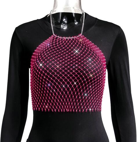 Women See Through Mesh Diamond Tank Tops Hollow Out Beach Cover up Crop Tops for Rave Festival Clubwear in Kuwait