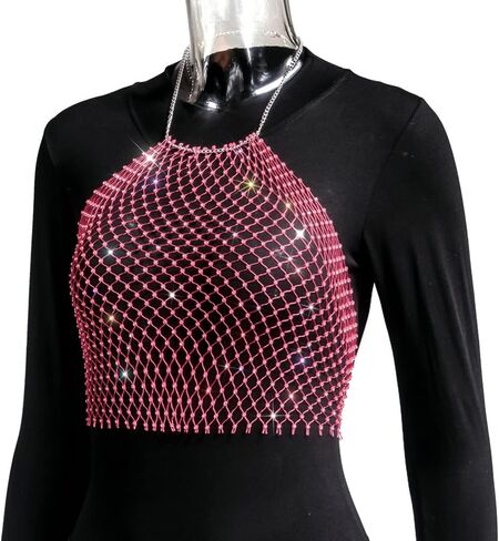 Women See Through Mesh Diamond Tank Tops Hollow Out Beach Cover up Crop Tops for Rave Festival Clubwear in Kuwait