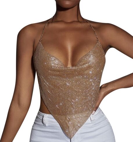 RARITYUS Women Sexy Shiny Rhinestone Tank Top Deep V Neck Chain Crop Top Shirt for Night Club Party Rave Outfit in Kuwait