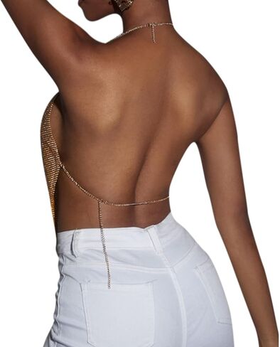 RARITYUS Women Sexy Shiny Rhinestone Tank Top Deep V Neck Chain Crop Top Shirt for Night Club Party Rave Outfit in Kuwait