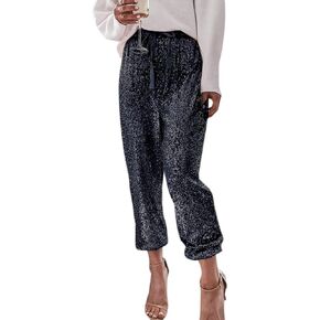 ALLUMK Womens Black Sequin Bling Legging Joggers Pencil Pants with Drawstring in Kuwait