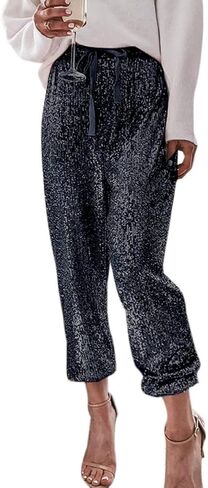 ALLUMK Womens Black Sequin Bling Legging Joggers Pencil Pants with Drawstring in Kuwait
