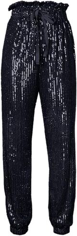ALLUMK Womens Black Sequin Bling Legging Joggers Pencil Pants with Drawstring in Kuwait
