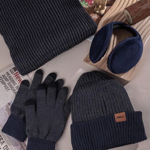 Aneco قفازات متماسكة الشتاء للرجال وشاح أكثر دفئا قبعة صغيرة غطاء للأذنين الحرارية مجموعة قفازات لمس للرجال والنساء in Kuwait