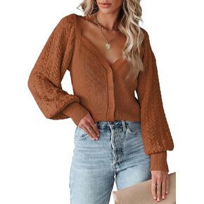 MARZXIN 2023 Cropped Cardigan Sweaters for Women Cute Puff Sleeve V Neck Button Up Y2K Cardigan Crochet Cable Knit Sweater