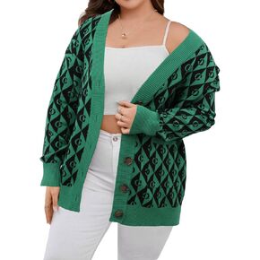 NIeyook Womens Plus Size Cardigan V Neck Plaid Color Block Print Button Down Long Sleeve Cardigan Sweaters with Pockets