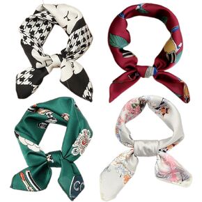 Hixixi 4 PCS 50s Satin Neck Scarf Dots Floral Striped Small Square Neckerchief Headbands Head Scarf for Women Girl in Saudi Arabia