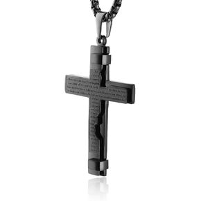HZMAN Religion Cross Lord's Prayer Stainless Steel Pendant Necklace Rolo Cable Wheat Chain