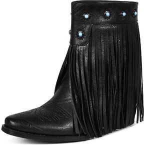 Tscoyuki Fringe The Western Cowgirl أحذية رعاة البقر للنساء بمقدمة مدببة وكعب منخفض مكتنز حذاء الكاحل أنيق سهل الارتداء في الريف والحفلات الموسيقية منتصف الساق in Kuwait