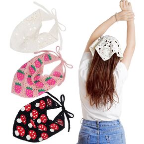 hoyuwak 3Pcs Crochet Bandanas Headbands Hairbands Head Hair Scarf for Women Girls Knitted Floral Strawberry Mushroom Hair Accessories for Hair Styling Decor(White, Black, Pink)