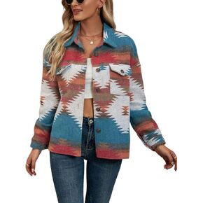 Chevara Women’s Vintage Ethnic Aztec Jacket Long Sleeve Button Up Woolen Shacket Western Jackets