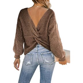 CUPSHE Women's Round Neck Sweater Ribbed Knit Twist Back Pullover with Long Sleeves