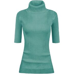 v28 Women Turtleneck 1/2 Half Sleeve Highly Stretchy Ribbed Knit Fitted Sweater