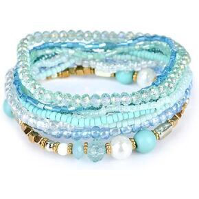 COLORFUL BLING Bohemian Crystal Beaded Bracelets Set Multilayer Stackable Bracelets Boho Charms Stretch Bracelet Handmade Multicolor Crystal Beaded Bangles Strand Bracelet Set