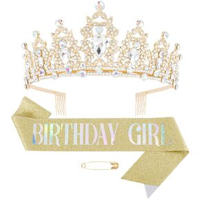 Didder Silver Birthday Girl Sash & AB Crystal Crown Set, Birthday Crown Birthday Tiara for Women Birthday Crowns for Women Girls Birthday Sash and Tiara for Women Happy Birthday Gift