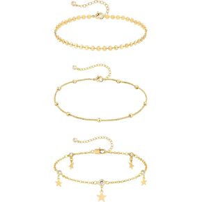 TONTMY STUDIOS Anklet Bracelets for Women 14K Gold Jewelry Set Waterproof Layered Tennis Satellite Link Chain Anklets Set Gold Anklets Gift Adjustable Size 3pc