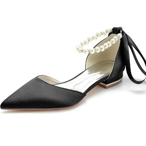 Women's Pointed Toe Pumps Pearl Satin Wedding Shoes for Bride Flats Ankle Strap Bridal Shoes Formal Prom Party Dress Pumps Sandals in Kuwait