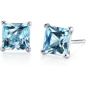 Peora Solid 14K White Gold Swiss Blue Topaz Earrings for Women, 2.50 Carat total Princess Cut, Genuine Gemstone Birthstone Solitaire, Friction Back in Saudi Arabia