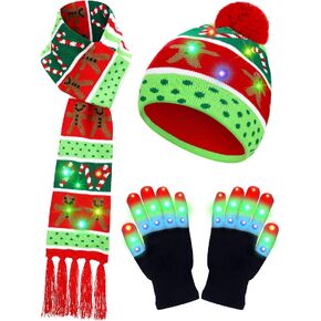 3 Pieces LED Light up Christmas Hat Xmas Light up Scarf Gloves Set Holiday Christmas Hat Beanie Knit Cap for Christmas Party