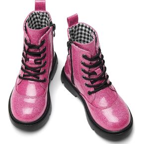 WUIWUIYU Boys Girls Glitter Mid-calf Ankle Boots Lace-up High-Top Combat Boot with Side Zipper (Toddler/Little Kid/Big Kid)