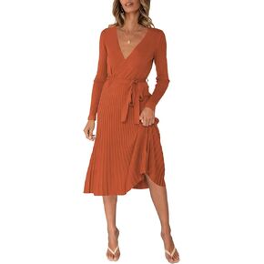 VamJump Womens Wrap V Neck Sweater Dress Long Sleeve Pleated Midi Dresses with Belt