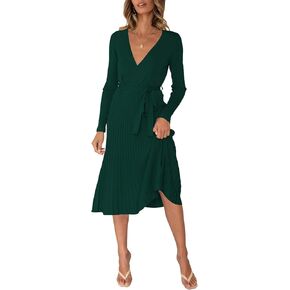 VamJump Womens Wrap V Neck Sweater Dress Long Sleeve Pleated Midi Dresses with Belt