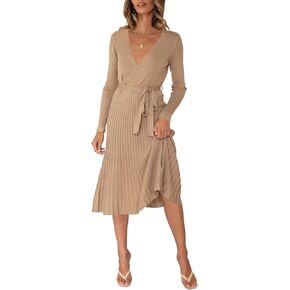 فستان سترة نسائي من VamJump برقبة على شكل حرف V وأكمام طويلة بطيات متوسطة الطول مع حزام in Kuwait