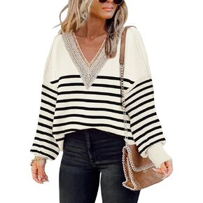 Women's 2023 Fall Sweaters Trendy Long Sleeve Lace V Neck Color Block Striped Sweater Winter Oversized Pullover Knitted Tops