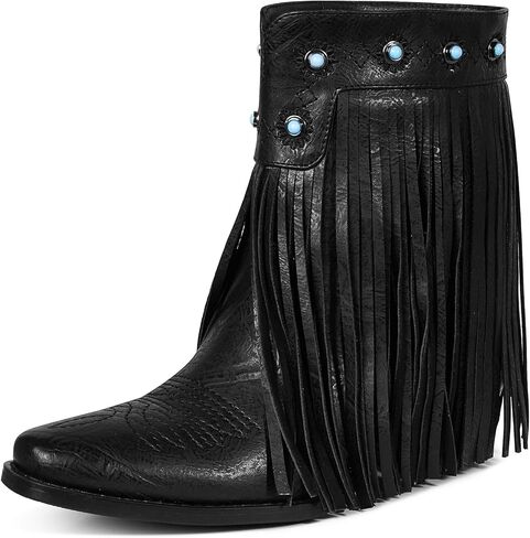 Tscoyuki Fringe The Western Cowgirl أحذية رعاة البقر للنساء بمقدمة مدببة وكعب منخفض مكتنز حذاء الكاحل أنيق سهل الارتداء في الريف والحفلات الموسيقية منتصف الساق in Kuwait